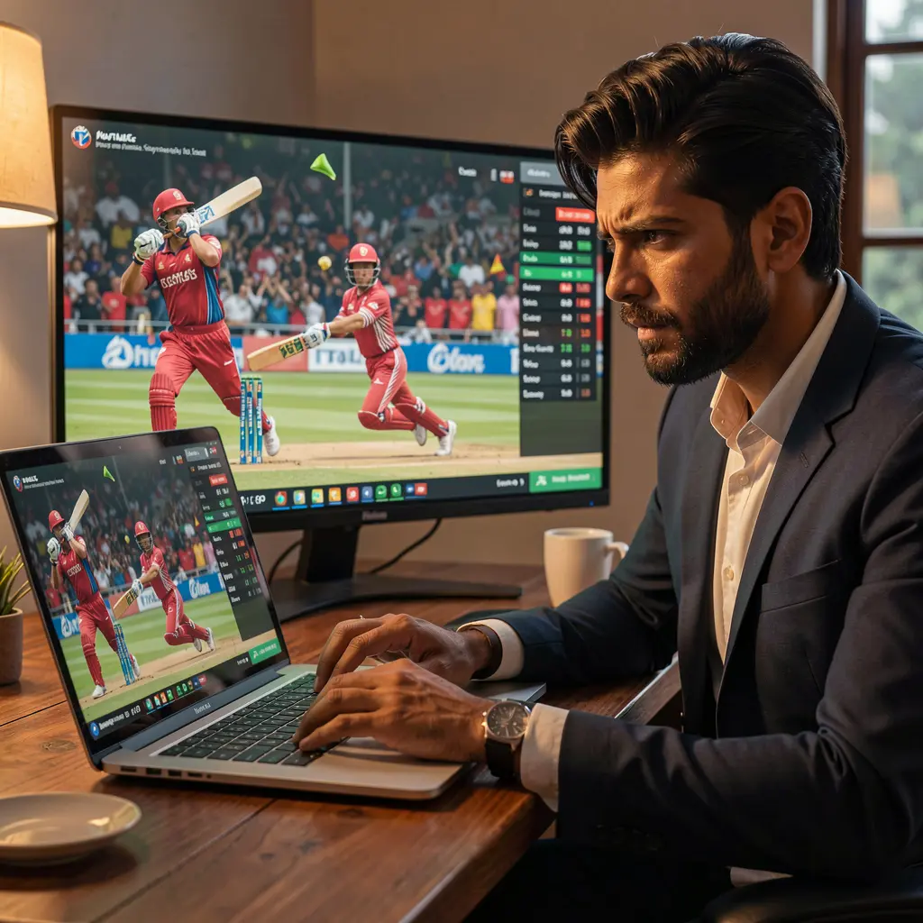 Focused Bangladeshi sports bettor analyzing live cricket odds and statistics on a laptop during an intense betting moment with 54OK