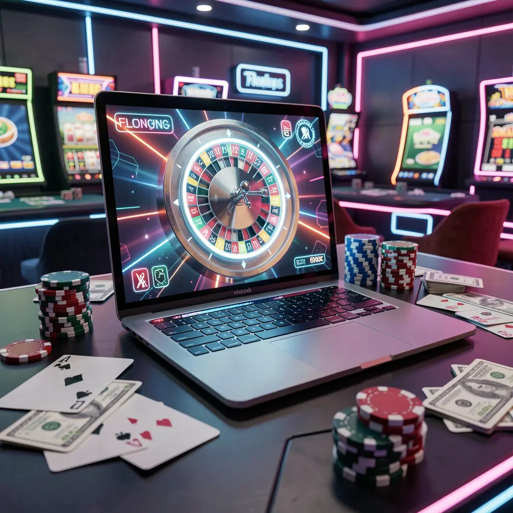 Modern laptop displaying a vibrant online roulette table surrounded by stacks of casino chips and cards representing the thrilling live casino action available at 54OK in Bangladesh